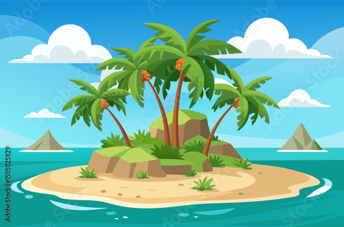 Serene Tropical Island Paradise. Palm Trees. Sandy Beach. and Azure Ocean