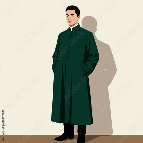 Man Standing Wearing Long Green Coat with Hands in Pockets