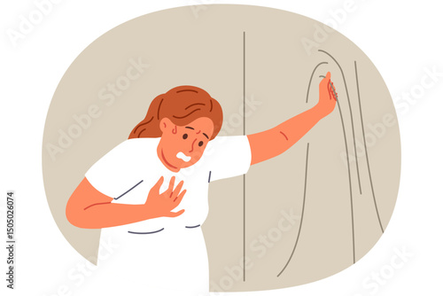 Woman suffering from obesity feels pain in heart and shortness of breath after climbing stairs. Health problems and risk of myocardial infarction are caused by obesity leading to impaired immunity