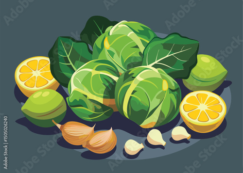Fresh Brussels sprouts. lemons. and garlic.