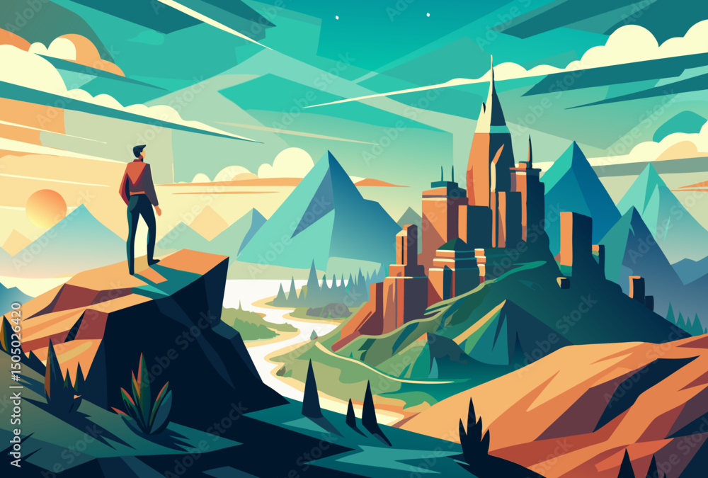 Fototapeta premium Person on a Mountaintop. Majestic Cityscape and River Valley View