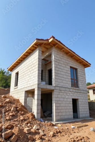 House Construction Site with Concrete Blocks
