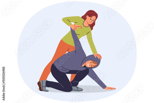 Woman knows self-defense techniques fights back robber, holding criminal until police arrive. Self-defense training for girl wants to have time to stand up for herself during night walks