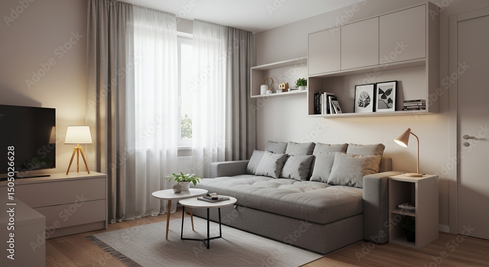 Modern Apartment Living Room with Grey Sectional Sofa and Built in Shelving Modern Apartment Living Room with Grey Sectional Sofa and Built in Shelving