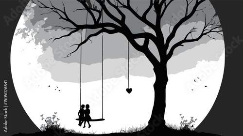 Silhouette of couple on swing under tree during full moon night  