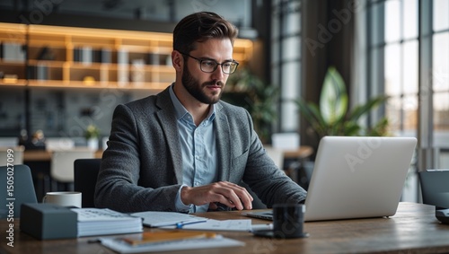 Man with glasses and suit jacket working on a laptop at a desk in a modern office space setting