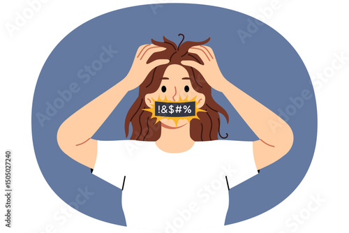 Frightened woman panic and clutches head, uttering obscene words, after receiving bad news. Panic and stress in girl needs help from psychologist to avoid onset of chronic depression