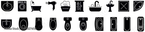 Bathroom furniture top view. Architectural uncoloured set for interior design. Vector collection. Baths, toilets, bidets, urinals, showers. Vector illustration in flat style