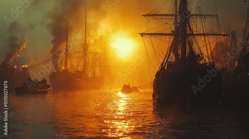 Wallpaper Mural Vintage Ships in Golden Sunset with Dramatic Smoke and Fog Effects Torontodigital.ca
