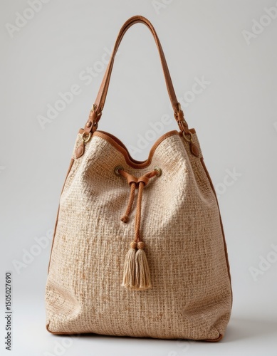 Woven Tote Bag with Leather Trim