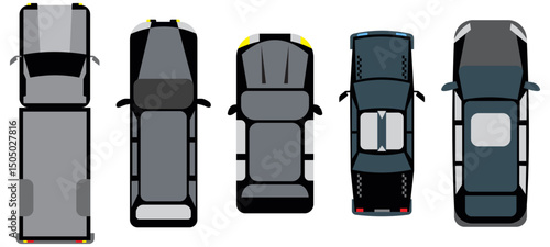Cars top view icon set, city transport set for city map plan. Vehicle transport icons. Automobile car transportation, auto car isolated. Multicoloured cars above. Street traffic and transport element