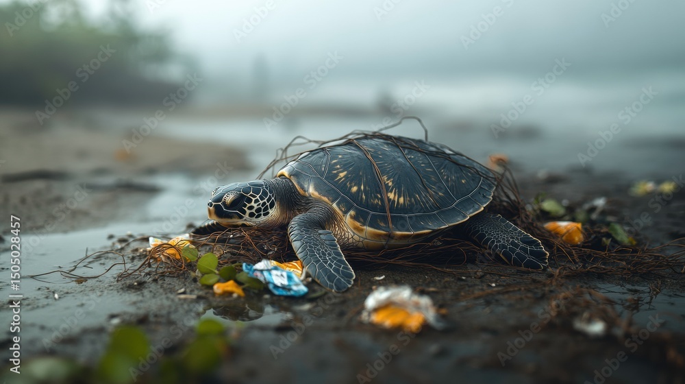 Obraz premium Sea Turtle Struggling on Beach Surrounded by Marine Debris