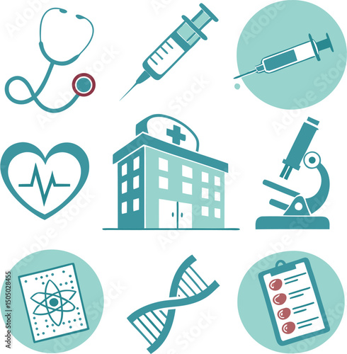 science and medical icons with dna syringe hospital stethoscope and lab equipment