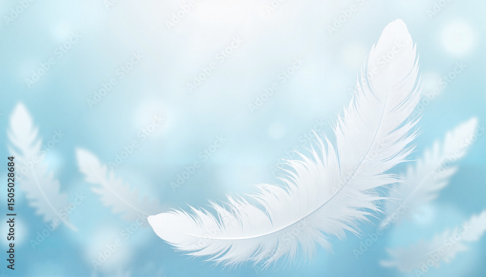 Naklejka premium White feathers floating against a soft blue background with bokeh 