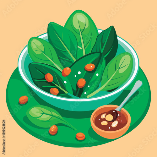 Fresh spinach salad with seeds and dressing.