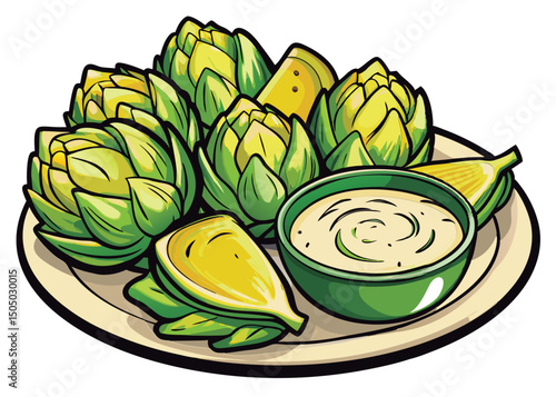 Artichoke hearts with creamy dip.