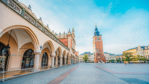 Main market Square with St. Mary's Basilica, city view in Krakow Poland.  Autumn landscape.