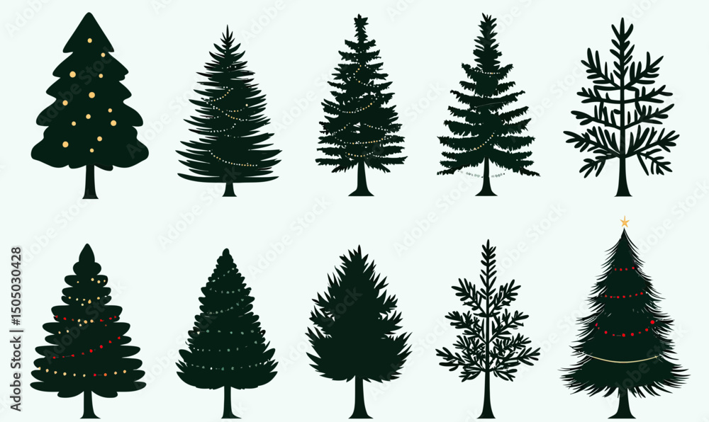 Obraz premium Set of ten flat minimalist black Christmas tree silhouettes with varied needle styles and decorative elements suitable for holiday design and festive backgrounds