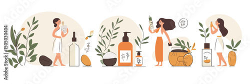 Women using natural and organic skincare products with plants stones and oils flat vector illustration wellness beauty routine concept