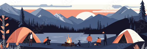 Campfire gathering near tents at lakeside with mountain landscape sunset forest outdoor camping summer nature adventure leisure vacation