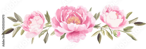 Elegant pink peony flowers arrangement with green leaves watercolor style delicate floral vector illustration for wedding and engagement design elements