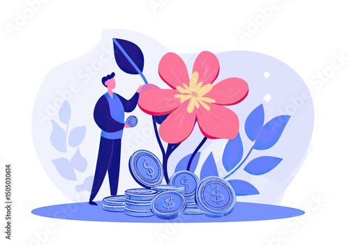Businessman holding coin planting large pink flower growing from pile of blue dollar coins investment growth concept flat vector illustration