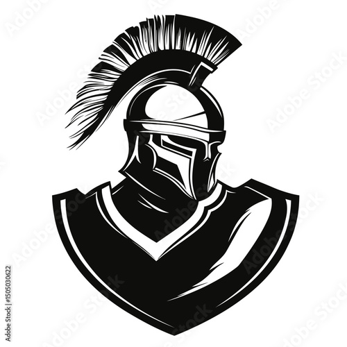 Black silhouette of Spartan warrior helmet with plume and armor emblem minimalist flat vector illustration for logo design or mascot symbol