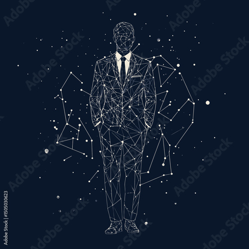 Abstract wireframe businessman silhouette in suit with cosmic star constellation background digital space concept vector illustration