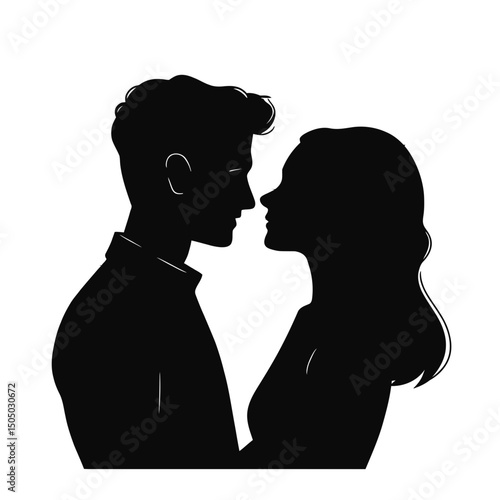 Silhouette of man and woman facing each other intimate close up romantic couple love relationship minimal vector illustration