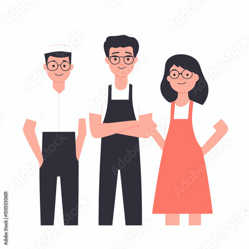 Group of three diverse chefs and bakers standing together wearing aprons and uniforms with glasses smiling confident teamwork kitchen staff illustration