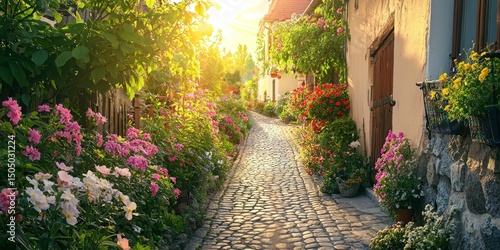 Fototapeta Naklejka Na Ścianę i Meble -  A sunlit pathway winding through a small countryside town, flanked by flower-filled gardens