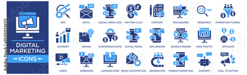 Digital Marketing and Analytics icon set. Containing design SEO, Email Marketing, Social Media Ads, Pay Per Click, Content Marketing. Solid icon collection.