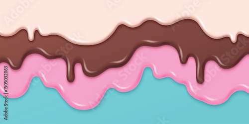 Melted ice cream drips - pink, brown and white liquid flows down on blue background. Creamy sweet dessert drops and puddle splashes. Summer treat melt illustration, appetizing border design element.
