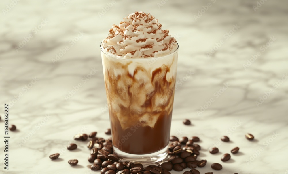 Iced coffee drink topped with cream and chocolate on marble surface Iced coffee drink topped with cream and chocolate on marble surface