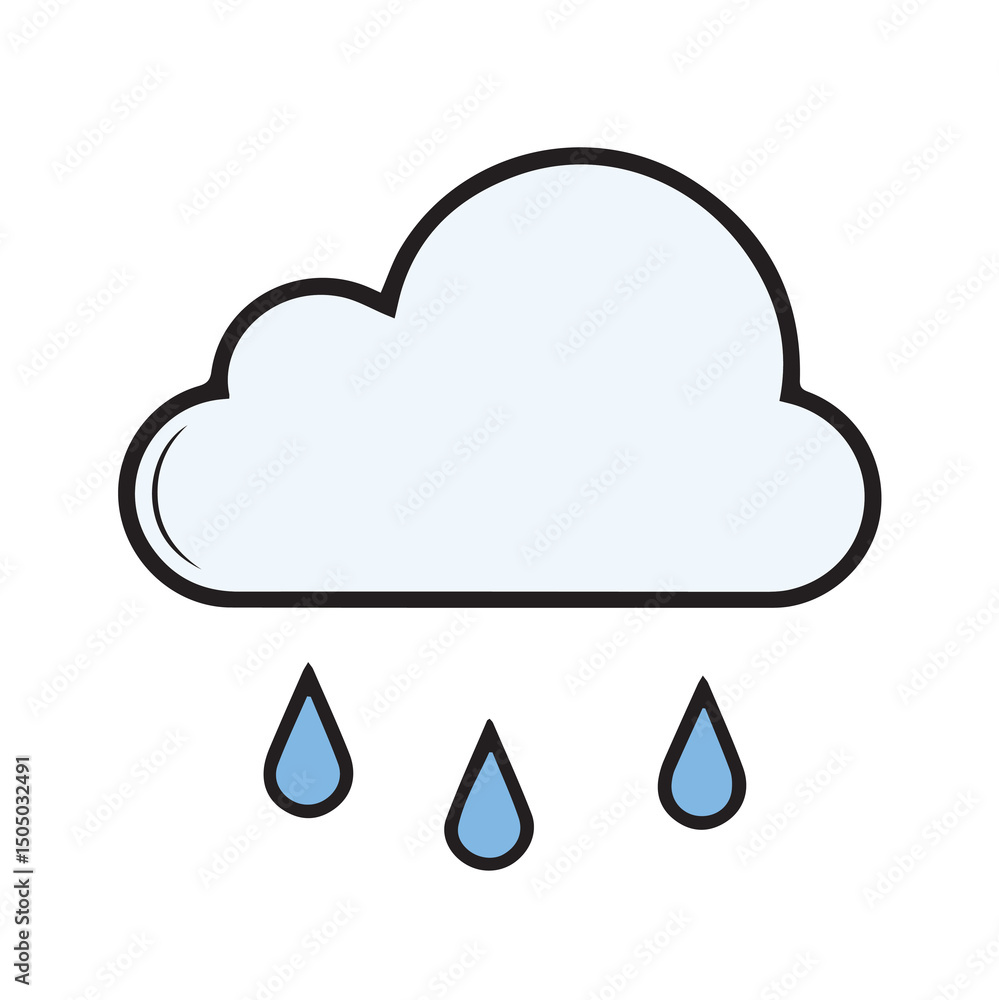 Cloud with rain drops in a simple graphic design. Outline illustration of a cumulus cloud with rain falling. Cloud with rain drops in a simple graphic design. Outline illustration of a cumulus cloud with rain falling.