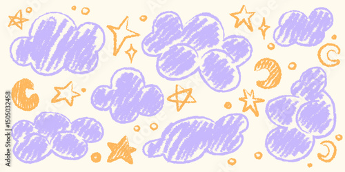 Crayon doodle style cloud shapes, stars and moon illustrations. Childlike pastel purple and yellow drawings with chalk texture. Cute kids room or kindergarten decor element, nursery wallpaper print.