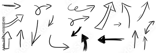illustration: hand drawn sketch pencil drawing many different arrow element set, graphic vector pen scribble icons isolated on white or transparent png