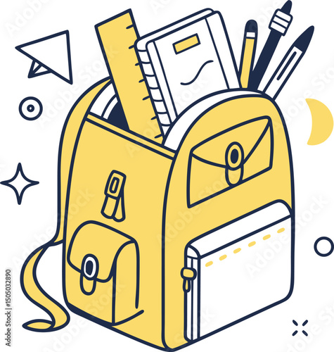 school backpack full of supplies with books pencils and ruler for education