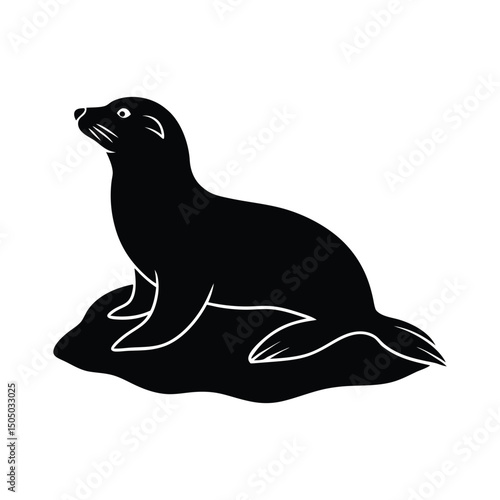 A sea lion silhouette resting on a rock vector art illustration