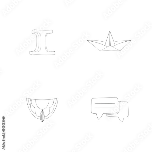 Set of line drawings representing a letter crown clamshell and speech bubbles in minimalist style
