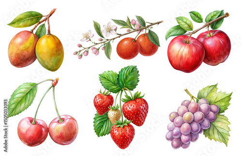 Watercolor Fresh Fruit png Set: including mangoes, oranges, apples, cherries, and strawberries, arranged on branches.