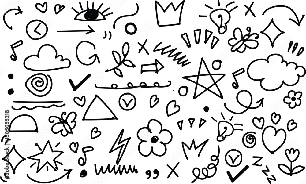 Cute line sketch star, arrow, heart decoration element icon set. Hand drawn sketch doodle cute star, emphasis, flower element. Pen line text decoration shape icon. Hand drawn vector illustration. Cute line sketch star, arrow, heart decoration element icon set. Hand drawn sketch doodle cute star, emphasis, flower element. Pen line text decoration shape icon. Hand drawn vector illustration.