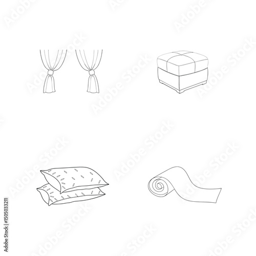 Outlined illustration of bedroom furniture components and design elements for home decor