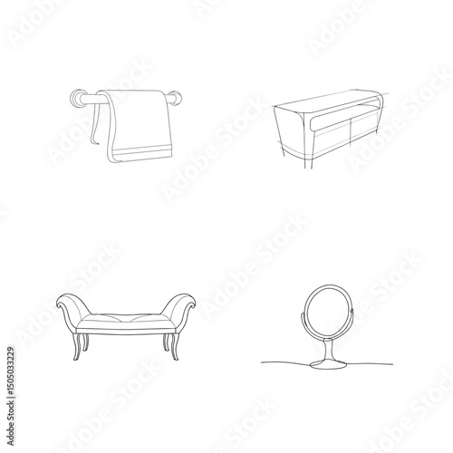 Line art drawing of bathroom furniture and vanity objects for interior design and decor