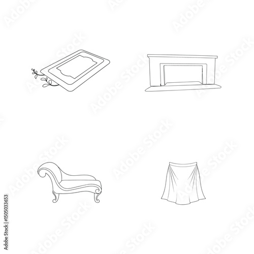 Outlined furniture and apparel elements featuring rug fireplace chaise lounge and skirt vector illustration