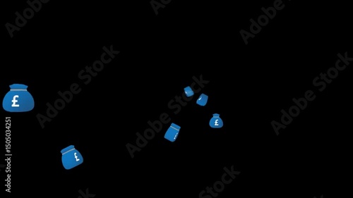 Flying 3D Blue Pound Sterling Money Bags on Black Background, Rotating and Disappearing