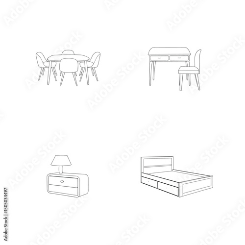 Outlined drawings of modern furniture pieces including dining table desk and bed