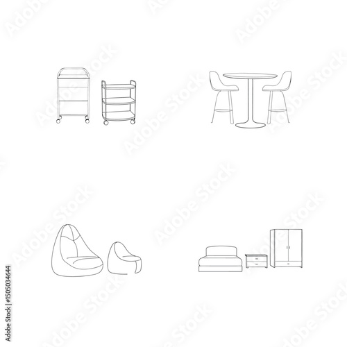 Modern furniture silhouettes collection including bedroom living room and kitchen cart designs