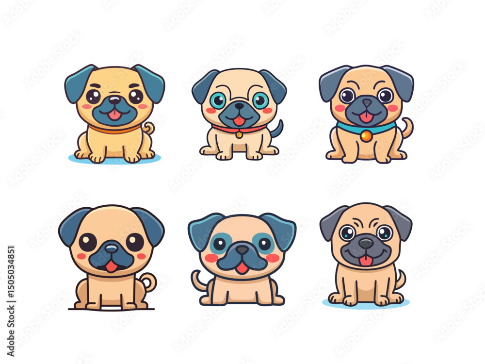 Naklejka premium Cute Pug Dog Cartoon Vector – Adorable Funny Face Puppy in Kawaii Style for Kids, Stickers, and Pet Illustrations