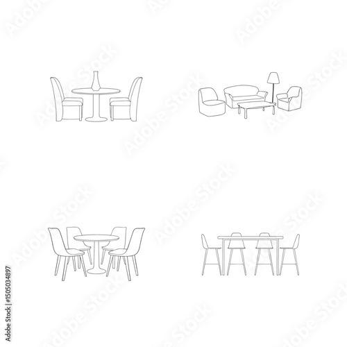 Simple furniture set illustrations displaying dining tables chairs and living room designs
